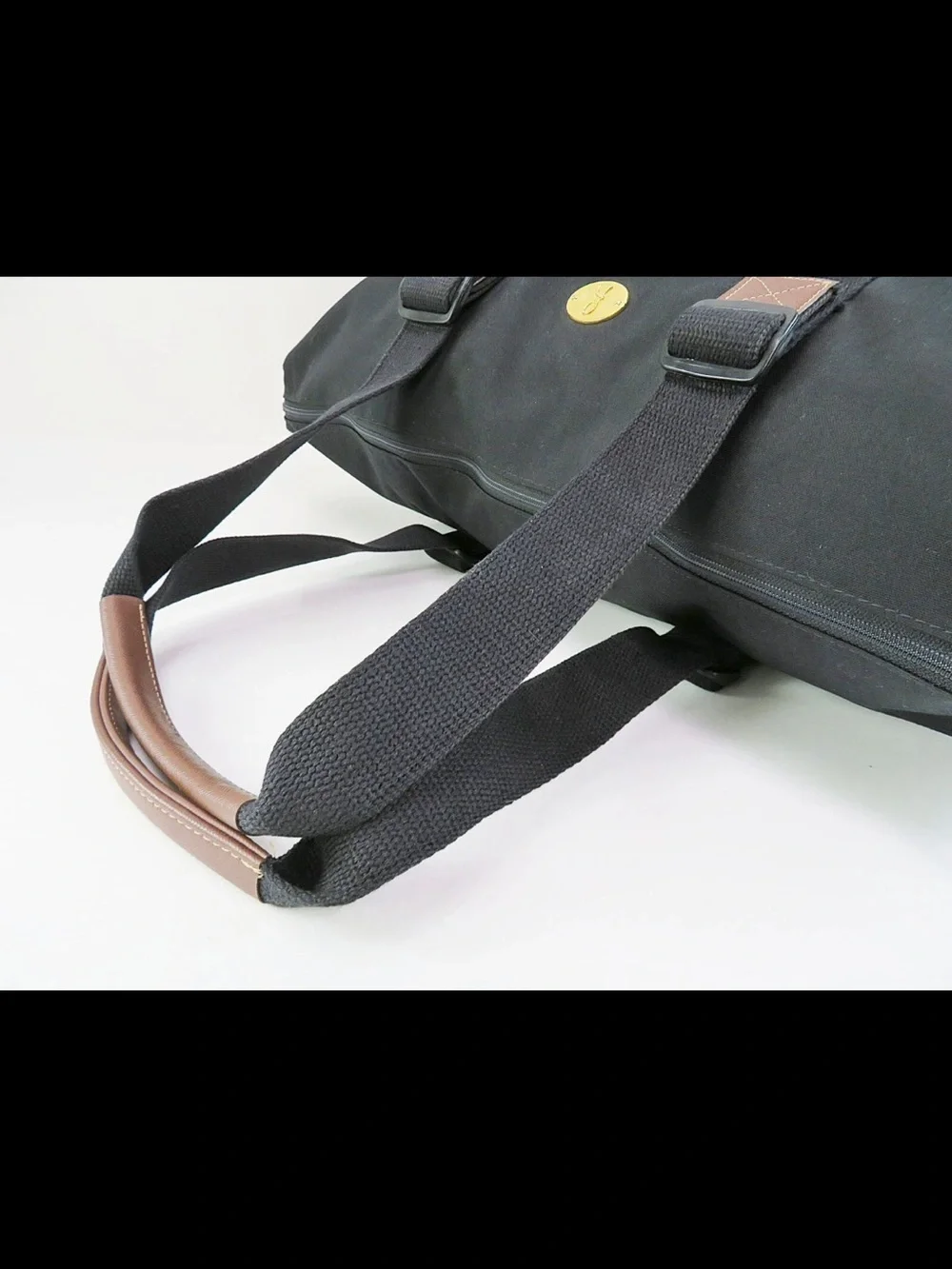 Roberta di Camerino Black Canvas Tote with Brown Trim and Gold Plaque